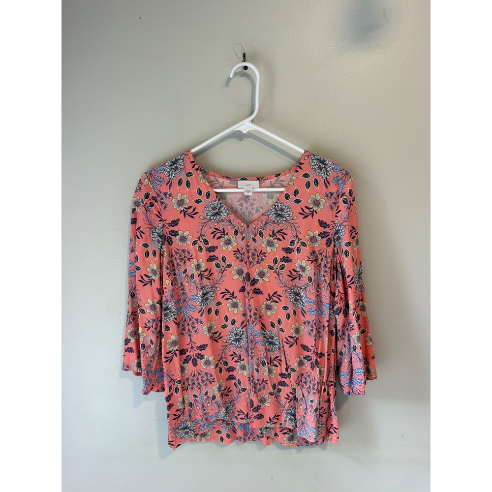 J. Jill Womens XS Coral Pink Floral V-Neck 3/4 Bell Sleeve Rayon Blouse Top